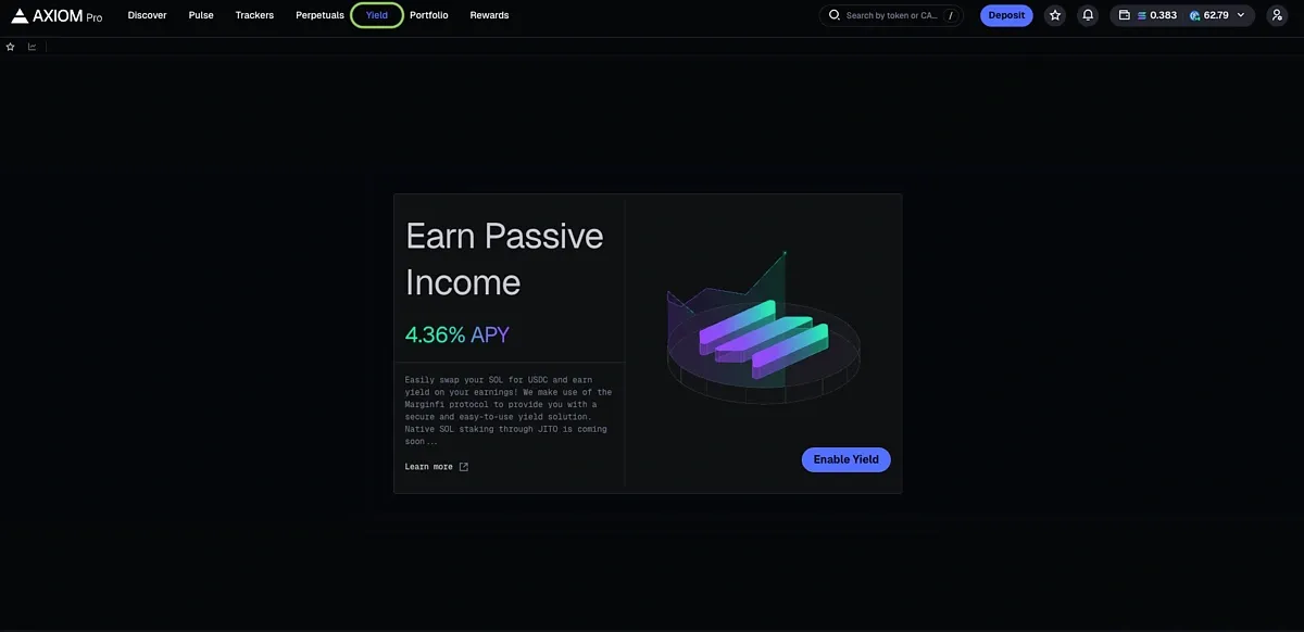 Axiom account dashboard showing the Yield feature after a successful login.