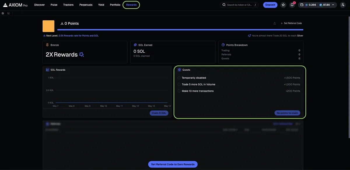 The Rewards tab on the Axiom dashboard, showcasing user rewards after Axiom login.