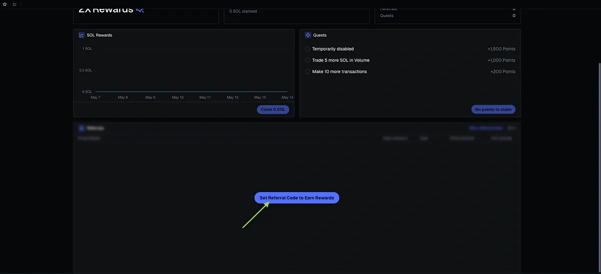 The referral code section within the Axiom platform, allowing users to share their code.